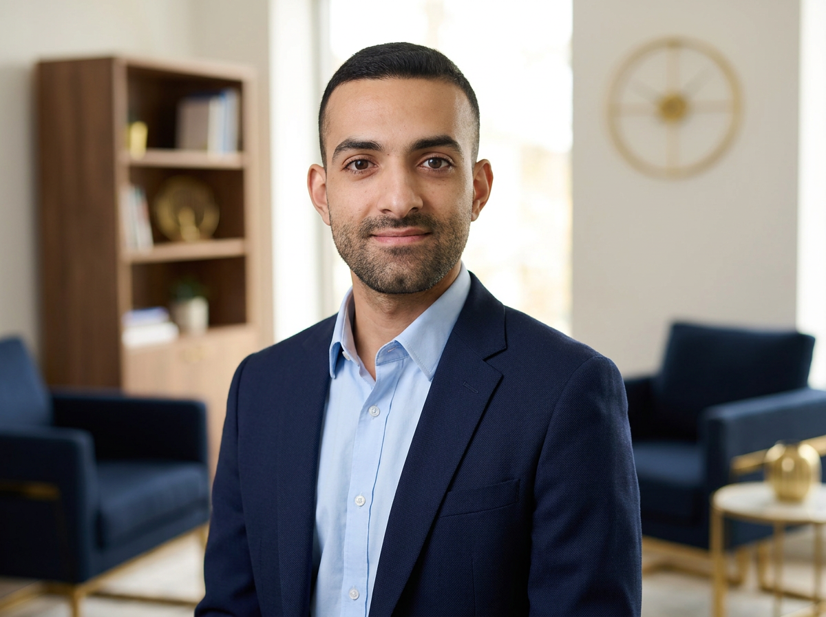 Fluentora coach in a navy blazer, smiling in a modern office